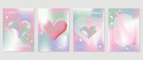 Abstract gradient Y2K style template cover vector set. Happy Valentine's Day decorate with trendy gradient heart vibrant y2k colorful background. Design for greeting card, fashion, commercial, banner.