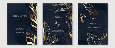 Luxury wedding invitation card background vector set. Elegant gradient golden botanical leaf branch line art texture on dark background. Design illustration for wedding and vip cover template, banner.