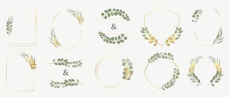 Set of luxury wedding frame element vector illustration. Watercolor botanical leaf branch wreath with elegant golden geometric frame template collection. Design for invitation card, poster, banner.