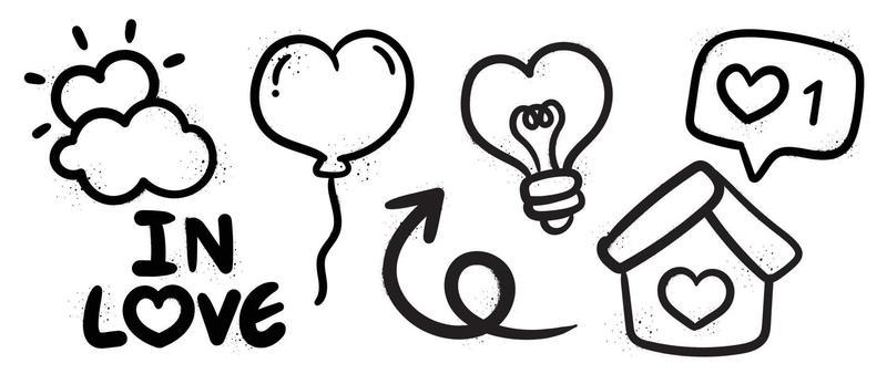 Set of spray paint valentine element vector. Hand drawn graffiti texture style collection of heart, cloud, balloon, arrow, light bulb, text. Design for print, cartoon, card, decoration, sticker.
