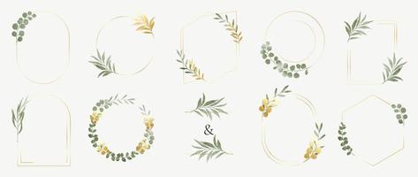 Set of luxury wedding frame element vector illustration. Watercolor botanical leaf branch wreath with elegant golden geometric frame template collection. Design for invitation card, poster, banner.