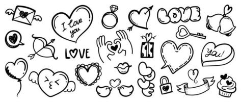 Set of valentine doodle element vector. Hand drawn doodle style collection of heart shape, bird, letter, hand sign, key, cupcake, present, ring. Design for print, cartoon, card, decoration, sticker. vector