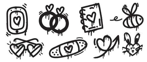 conjunto de vector de elemento de San Valentín de pintura en aerosol. colección de estilo de textura de graffiti dibujada a mano de corazón, anteojos, abeja, conejo, anillo, cuaderno. diseño para impresión, caricatura, tarjeta, decoración, pegatina.