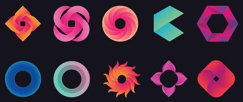 Set of 3d geometric shapes vector on black background. Vibrant colorful abstract elements icon, circle, spiral, gradient organic flower shapes design. Design for logo template, banner, decoration.