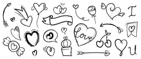 conjunto de vector de elemento de San Valentín de pintura en aerosol. colección de estilo de textura de graffiti dibujado a mano de forma de corazón, globo, flor, flecha, cactus, pancarta. diseño para impresión, caricatura, tarjeta, decoración, pegatina.