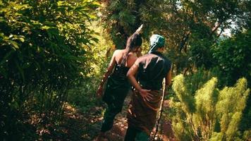 Asian couple walking down the hill above the mountain with a forest in the background while chatting together in green clothes video