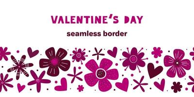 Valentines day romantic seamless border with hearts and flowers. Love pattern for banners and cards design. 14 february holiday lettering.