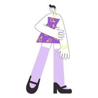 Non binary androgynous genderfluid person with pride symbols and flag. Queer male or female against lgbt discrimination vector flat isolated illustration.