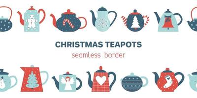 Christmas teapots different shapes and colors seamless border with holiday symbols. New year and cozy winter. Flat vector illustration.