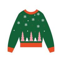 Christmas ugly cozy warm sweater with trees silhouette in forest and snowflakes. New Year clothes with winter holiday symbols. vector