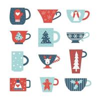 Christmas mugs and cups collection. Xmas and New Year vector flat illustration set. Minimalistic cute holiday elements and symbols. Cozy winter and holidays concept.