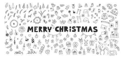 Xmas symbols and elements hand drawn doodle collection. Merry Christmas lettering clipart. Cozy winter and happy holidays concept. Vector illustration set in black and white.