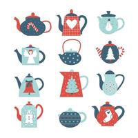 Christmas teapots with holiday symbols and signs vector flat illustration set. Xmas and New Year clipart. Cozy winter concept.