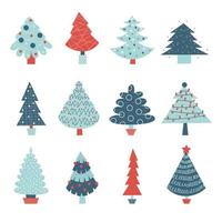 Christmas tree of various shapes and colors vector flat illustration set. Merry Xmas and Happy New Year concept. Elements for cards, posters, patterns, gifts.