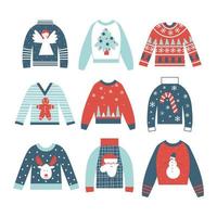 Christmas ugly sweaters collection. Xmas and New Year vector flat illustration set. Minimalistic cute holiday elements and symbols. Cozy winter concept.