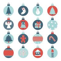Christmas tree balls decoration collection. Xmas and New Year vector flat illustration set. Minimalistic cute holiday elements and symbols on baubles.
