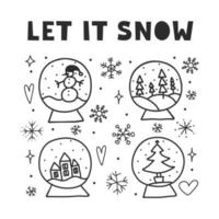 Snowball cozy winter doodle hand drawn collection. Let it snow quote with snowflakes, house, snowman, Christmas trees. vector