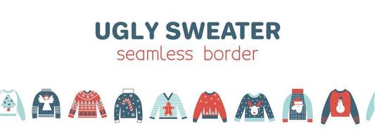 Christmas and new year ugly sweater seamless border. Cozy winter elements with holiday symbols. Flat vector illustration.