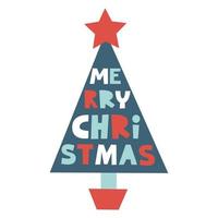 tarjeta de felicitación con letras de feliz navidad con deseos en el árbol de navidad. acogedor concepto de invierno. ilustración plana vectorial. vector