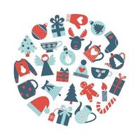 Christmas elements collection in a circle. Xmas and New Year symbols flat vector illustration set.