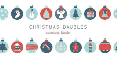 Christmas and new year baubles seamless border. Cozy winter balls with holiday symbols. Flat vector illustration.