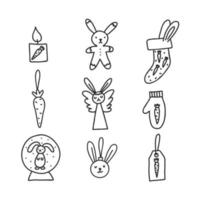 Year of the rabbit hand drawn set. Christmas decoration. vector