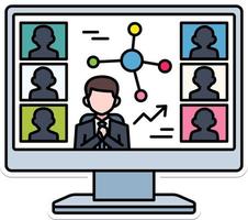 Meeting Online team call work internet home business Element illustration Colored Outline Sticker Retro vector