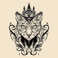 gato con corona dibujado a mano ilustración tribal vintage vector