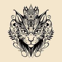 gato con corona dibujado a mano ilustración tribal vintage vector