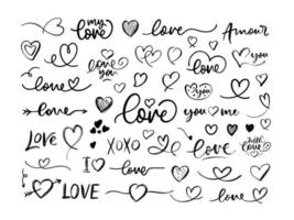 Hand drawn lettering valentines day love heart doodle drawings element set valentine's day greeting card background vector