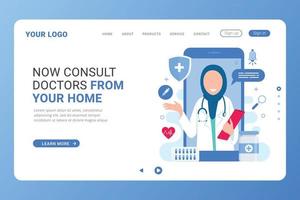 Online doctor consultation support landing page template vector