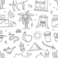 Arabian desert and object outline doodle seamless pattern vector