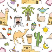 Arabian desert and object outline doodle seamless pattern vector