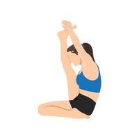 Woman doing krounchasana. Female yogi in heron pose. Intense hamstring stretch. Lady with leg up and hands holding foot. Flat vector illustration