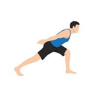 Man doing high lunge to forward bend with hands folded on the back exercise. Flat vector illustration isolated on white background.