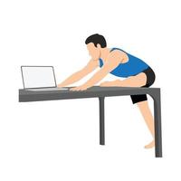 hombre haciendo ejercicio en la pose de paloma de la oficina en el ejercicio de yoga de escritorio, ilustración vectorial plana aislada en fondo blanco. vector