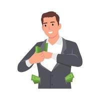 joven empresario rico con dinero en todos los bolsillos muestra éxito. empleado masculino sonriente con billetes. ilustración vectorial plana aislada sobre fondo blanco vector