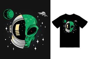 Alien and astronaut helmet illustration with tshirt design premium vector