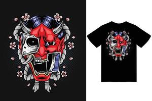 Oni mask with skull illustration with tshirt design premium vector