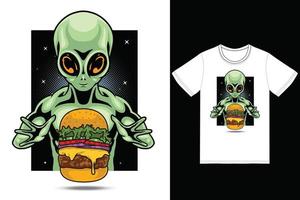 Alien eating burger illustration with tshirt design premium vector