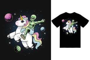 Alien riding unicorn illustration with tshirt design premium vector
