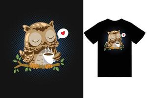 búho con ilustración de café con vector premium de diseño de camiseta