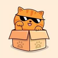 Striped Orange Cat in Box Cartoon Waving Hand - Cute Orange Tabby Pussy Cat with Glasses Cool vector