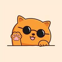 Orange Cat Cartoon Cool with Circle Glasses - Cute Cat Waving Hand Pawns Vector
