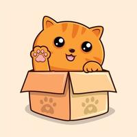 gato naranja rayado en caja de dibujos animados agitando la mano - vector de gato gatito atigrado naranja lindo