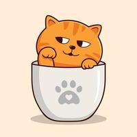 Tabby Orange Cat in Cup - Cute Striped Orange Cat Waving Hand Paws vector