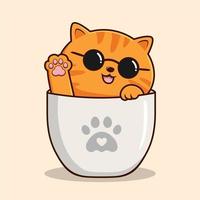 Tabby Orange Cat in Cup - Cute Striped Orange Cat Waving Hand Paws with Glasses vector