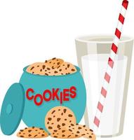 Can of cookies and glass of milk with straw vector