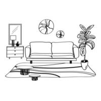 Illustration of a modern interior Japandi style. Image of sofa, chest of drawers with mirror, nightstands, houseplant and wall decor. Vecto vector