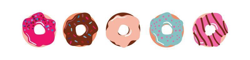 donuts en glaseado colorido, decorados con chispitas y chocolate vector